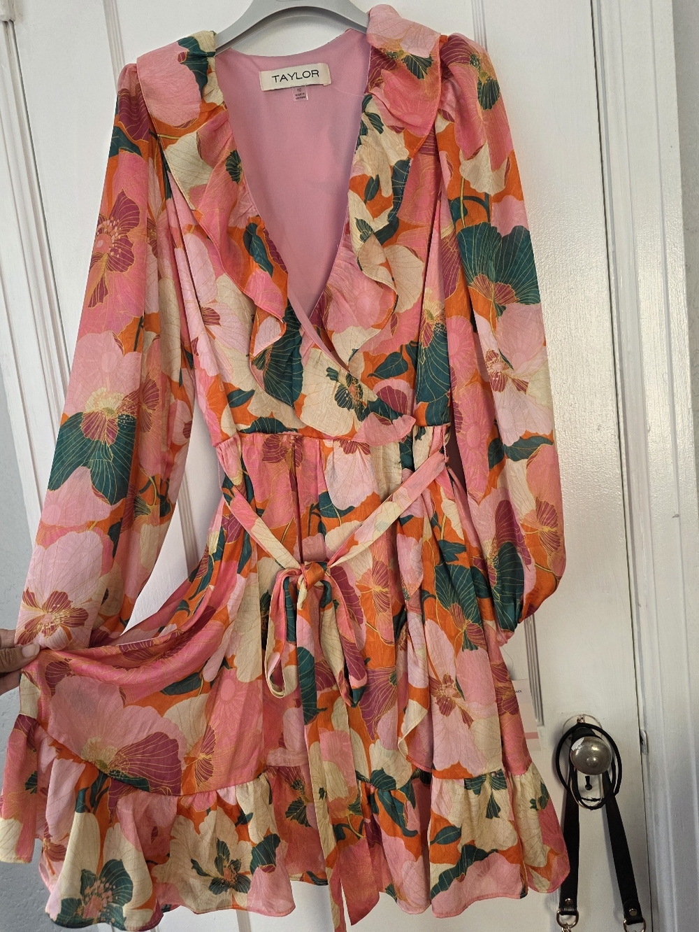 Taylor Botanical  Pink Dahlia Faux Wrap Ruffle Mini Dress 10 NWT